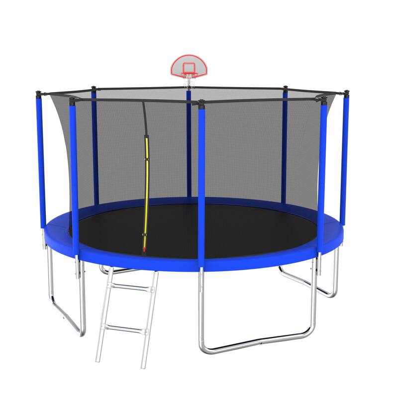 Recreational Trampoline - Basketball Hoop & Ball, Safety Enclosure, Backyard Use - Blue - 144.09