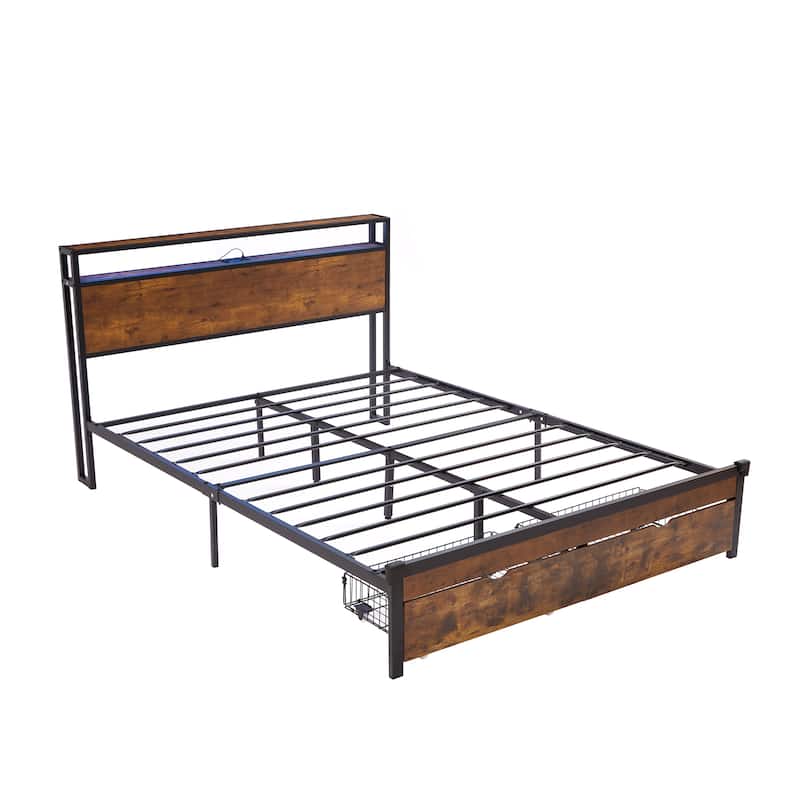 Brown+Black King Size Metal Platform Bed with LED Lights,Wooden Headboard and Two Drawers for Bedroom