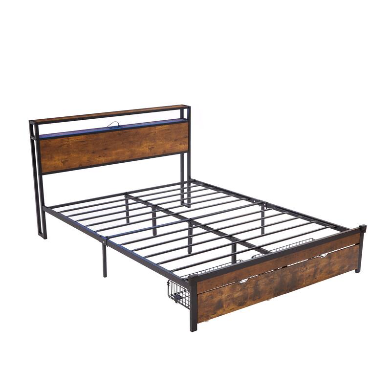 King Size Metal Platform Bed with Wooden Headboard, USB Charging, LED Lights, 2 Storage Drawers, No Box Spring Needed