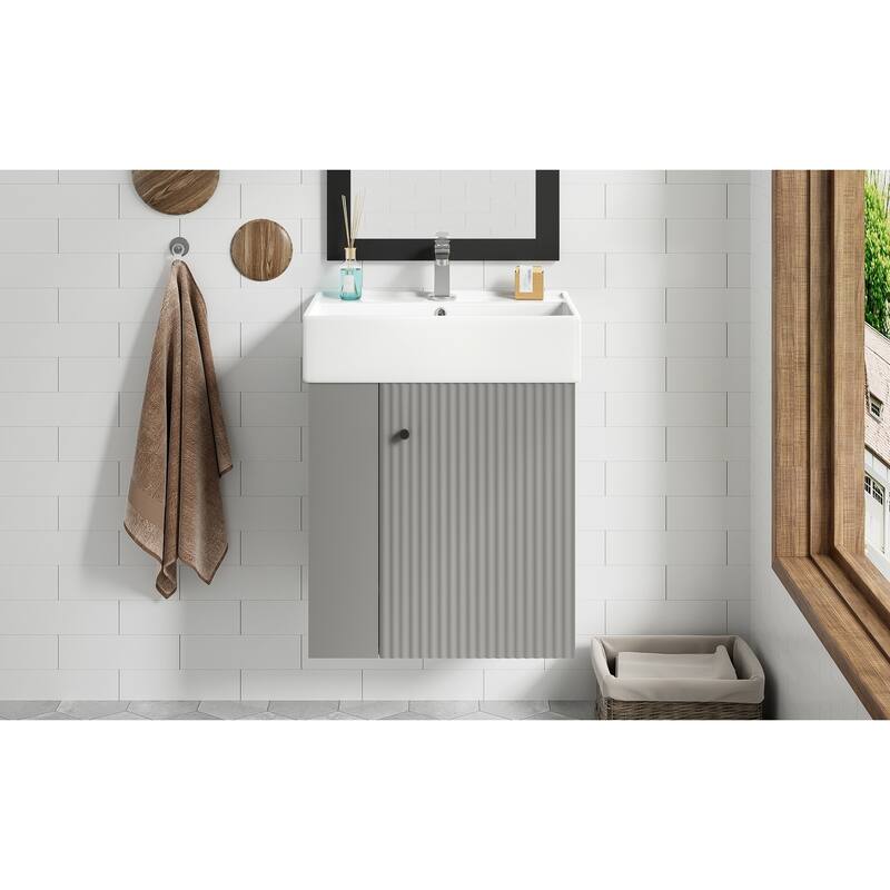 Floating Bathroom Vanity with Sink, Small Wall Mounted Bathroom Vanity, Bathroom Cabinet with Soft Close Door & Left Side Shelf