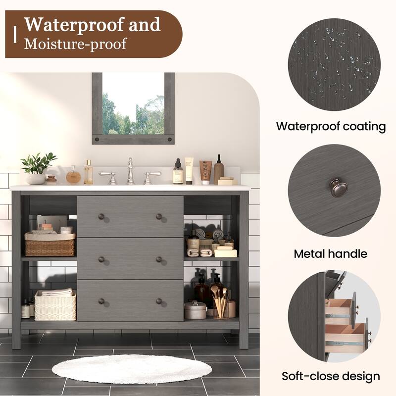 48-Inch Bathroom Vanity with Single Sink - Wood Grain Finish, Space-Saving