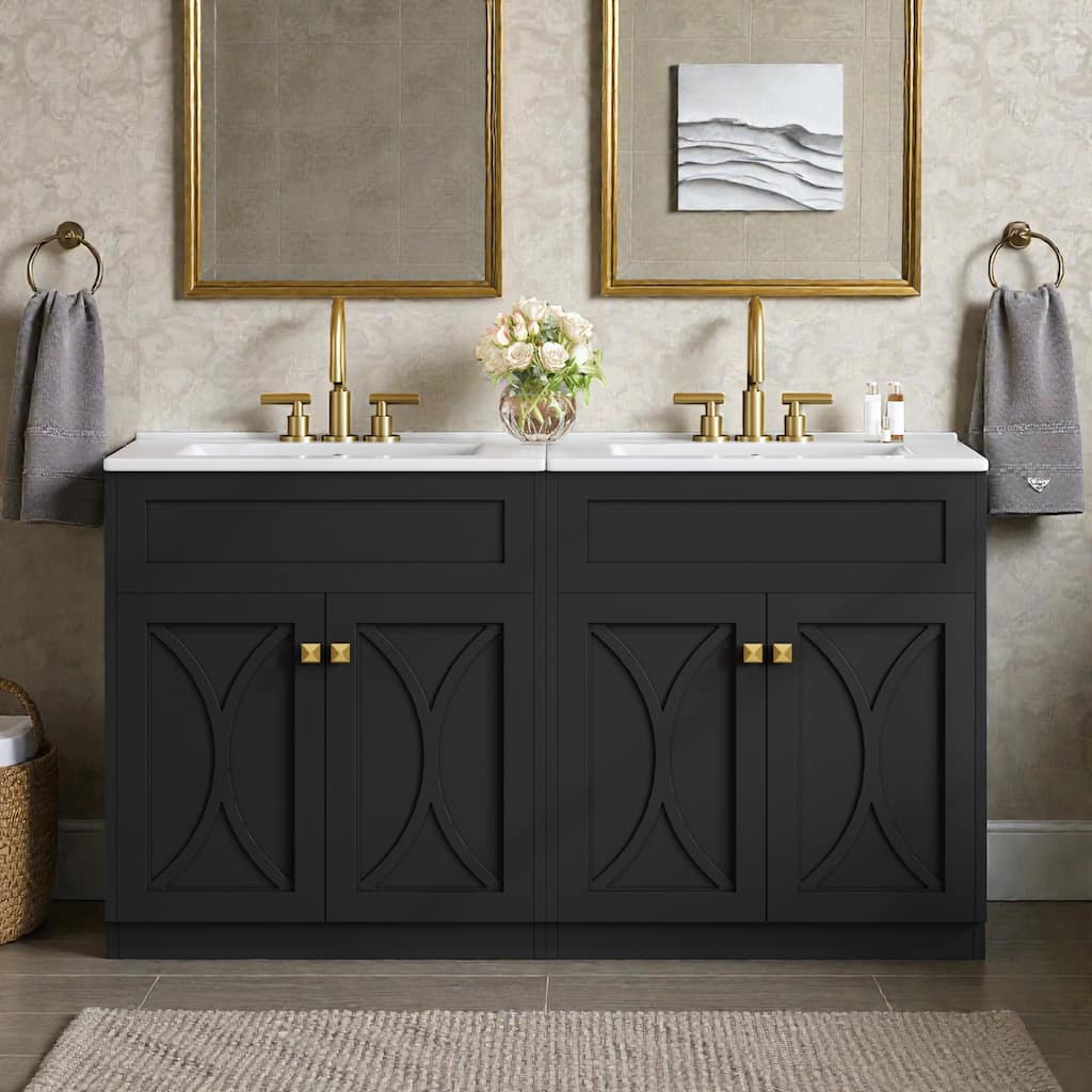 60 Inch Bathroom Vanity Set with Ceramic Sink, Modern Freestanding Storage Cabinet with Gold Handles and Soft Close Doors