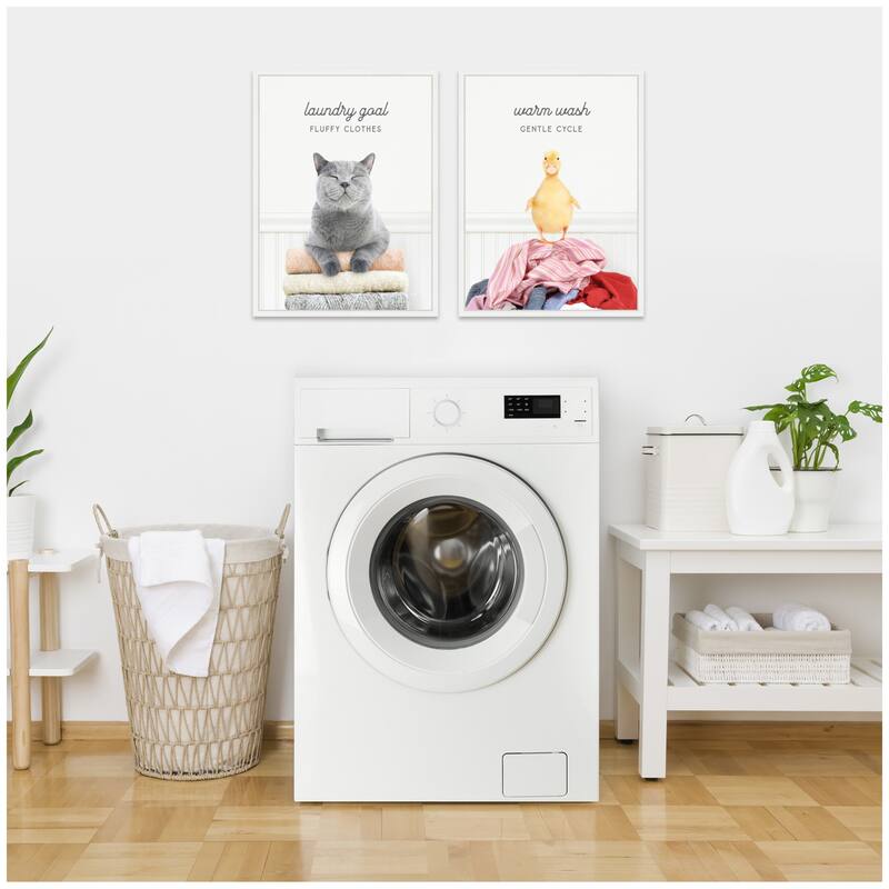 Kate and Laurel Sylvie Cat Laundry Goals and Ducky Gentle Cycle Framed Canvas Art Set by Amy Peterson