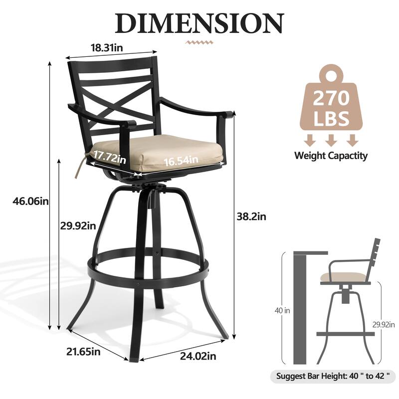 All-Weather Patio Outdoor Indoor Aluminum Swivel Bar Stools with Sunbrella Cushion