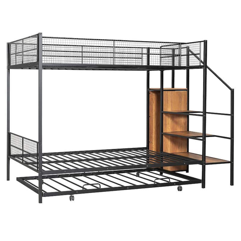 Black Twin over Full Metal Bunk Bed with Trundle and Lateral Storage