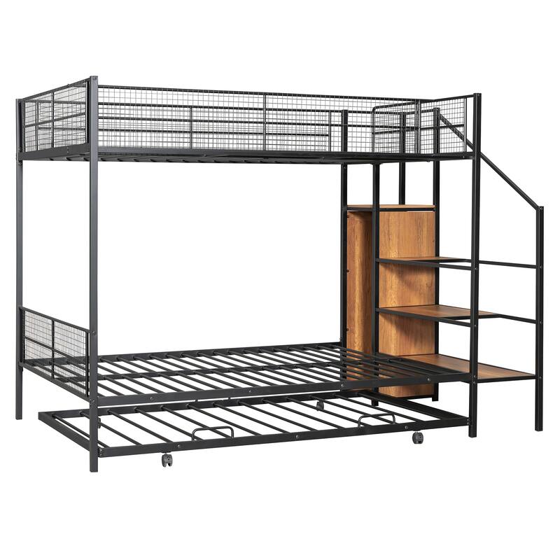 Black/White Metal Bunk Bed Twin Over Full with Built-In Wardrobe, Step Ladder Storage, and Optional Trundle or Drawers