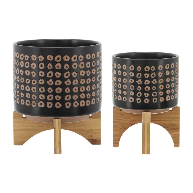 Sagebrook Home Neutral Tan and Brown Ceramic Dotted Planter with Wood Stand Indoor Outdoor