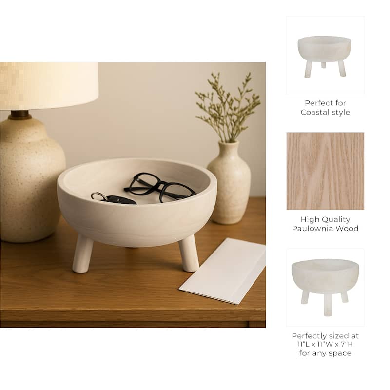 Round Wooden Bowl with Tripod Base for Home Decor - 11", White