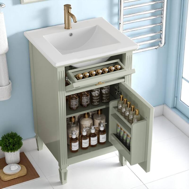 20" Bathroom Vanity with Sink, Freestanding White Cabinet with Ceramic Basin, Tilt-Out Drawer, Adjustable Shelf, Solid Wood Legs