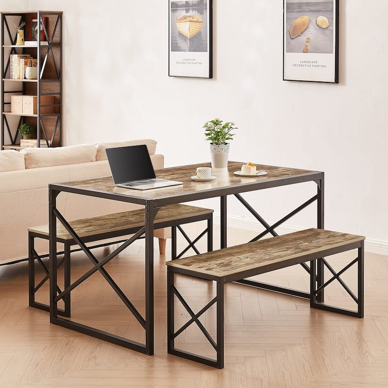 Javlergo 3-Piece Dining Table Set, 43"/55" Modern Wood Table Top Dining Table Set with Bench