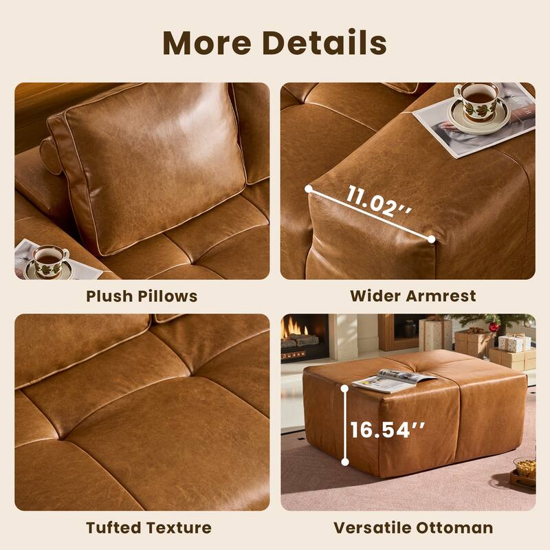 HOOOWOOO Mid-Century Modern Leather L-shaped Sectional Sofa Couch with Ottoman