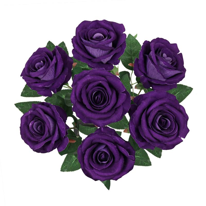 Set of 2 Royal Purple Artificial Velvet Rose Flower Stem Bush Bouquet 16in - 16" L x 11" W x 11" DP