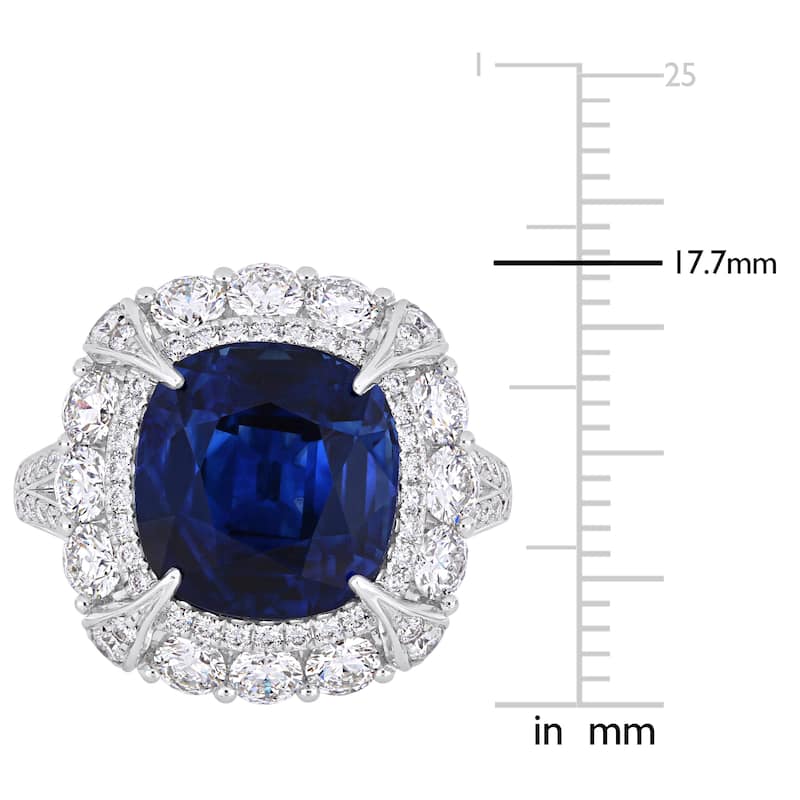 Miadora 7 1/10ct TGW Cushion-Cut Sapphire & 1 3/4ct TDW Diamond Halo Cocktail Ring in 14k White Gold