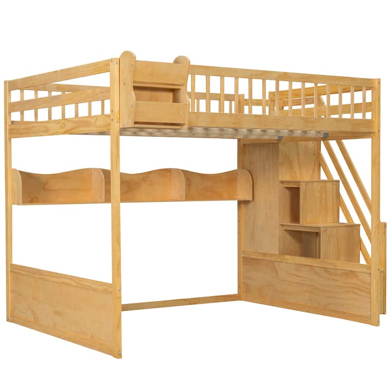 Queen Wooden Loft Bed with Storage Staircase, Wardrobe & Shelving by Harper&Bright Designs