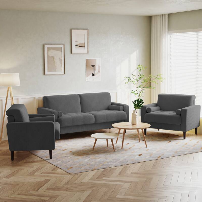 Corduroy Upholstered Armchair with Bolster Pillows Set of 2