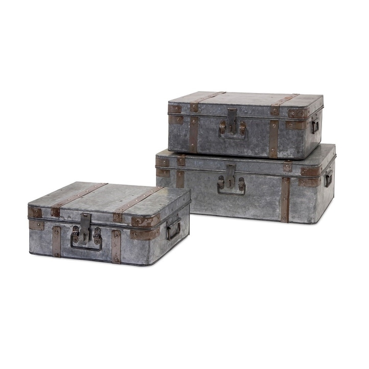 Set of 3 Galvanized Metal Industrial Suitcase Storage Boxes 14