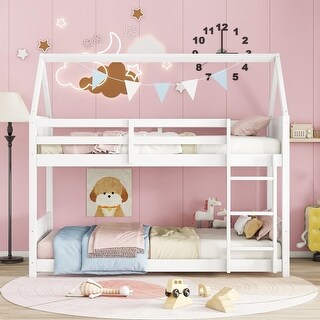 Twin Over Twin House Bunk Bed with Guardrails & Ladder