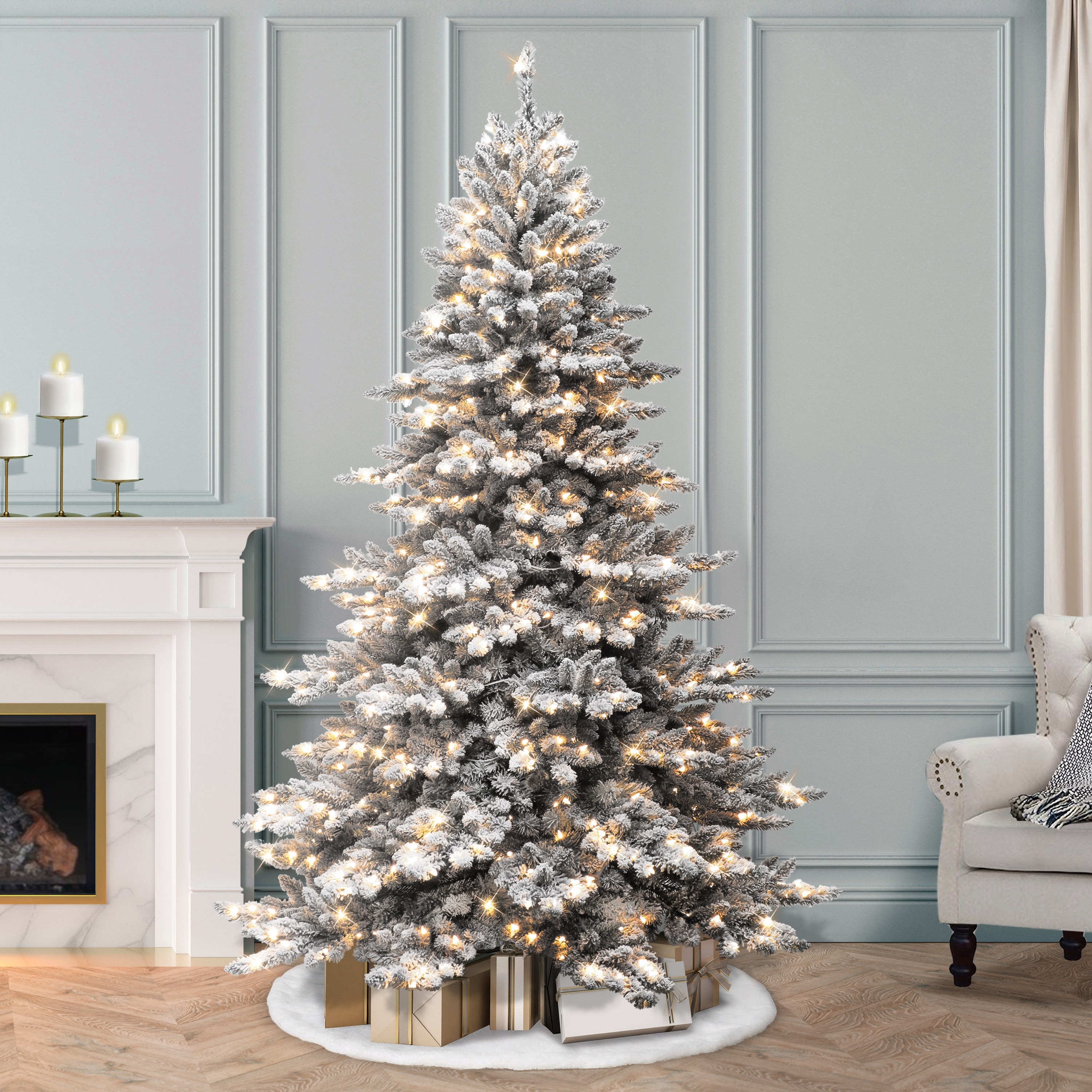 Puleo International 7.5' Pre-lit Flocked Princess Spruce Artificial Tree - N/A