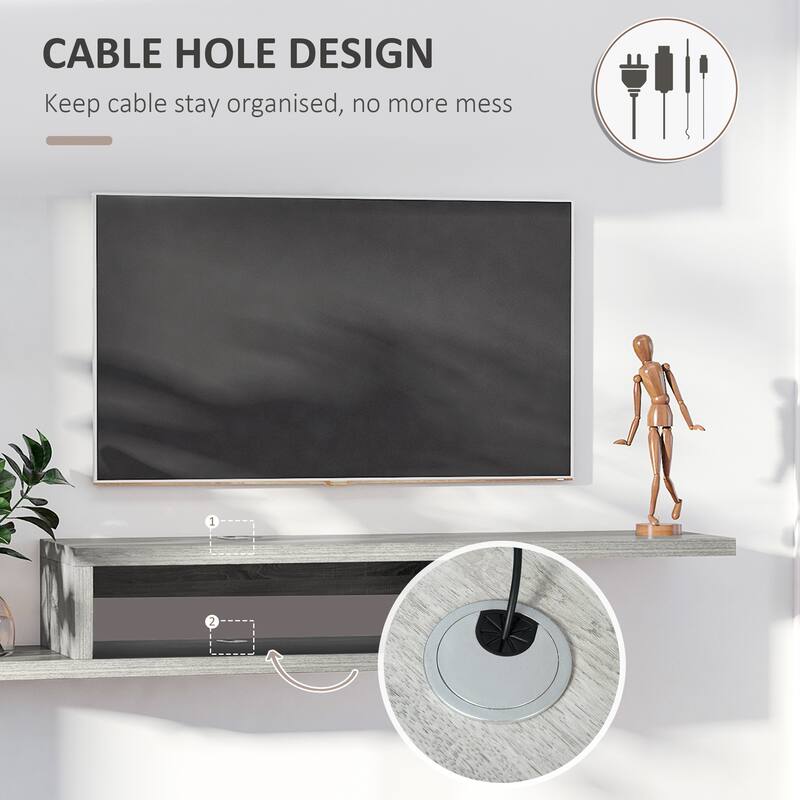 Grey Floating TV Console Wall Mounted Two Tier Asymmetrical Design with Cable Management for Modern Living Room
