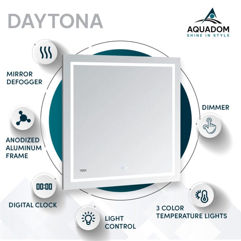AQUADOM Daytona LED Mirror for Bathroom with Touch Control, Defogger, Digital Clock - 24"x30"x1"
