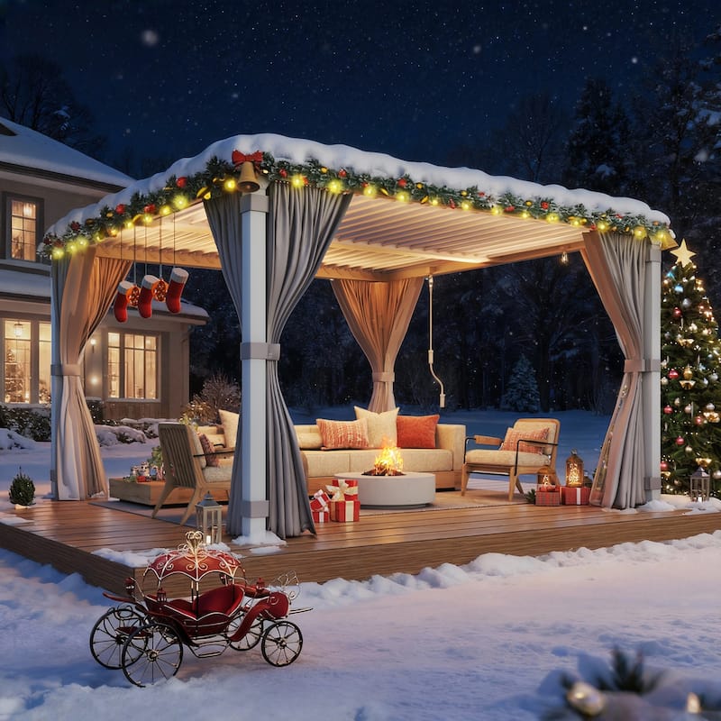 Outdoor Louvered Pergola, Outdoor Patio Hardtop Gazebo, Adjustable Metal Roof Curtains and Netting Included - 10' x 10' - White