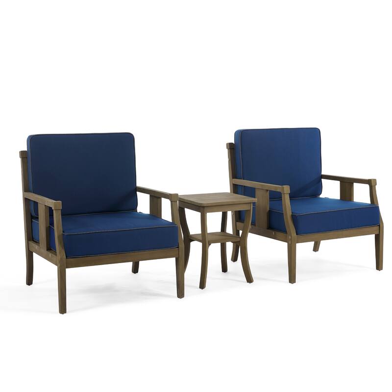 3-Piece Teak Wood Outdoor Armchair Set with Side Table, Cushions, Patio Seating Sets
