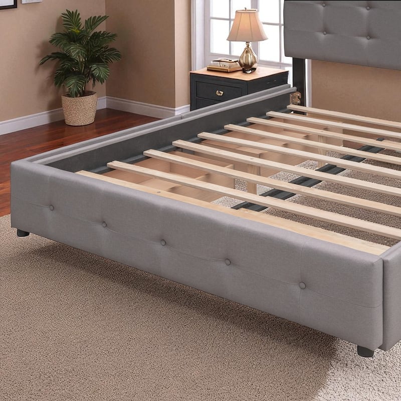 Queen Size Upholstered Platform Bed with Button-Tufted Headboard, 2 Storage Drawers and Twin XL Trundle, Linen Fabric