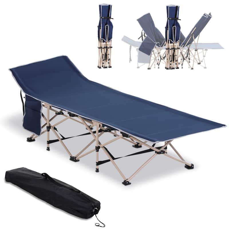 Folding Camping Cot for Adults with Carry Bag,Side Pocket,Outdoor Portable Sleeping Bed for Travel,Camp,Vacation - Blue