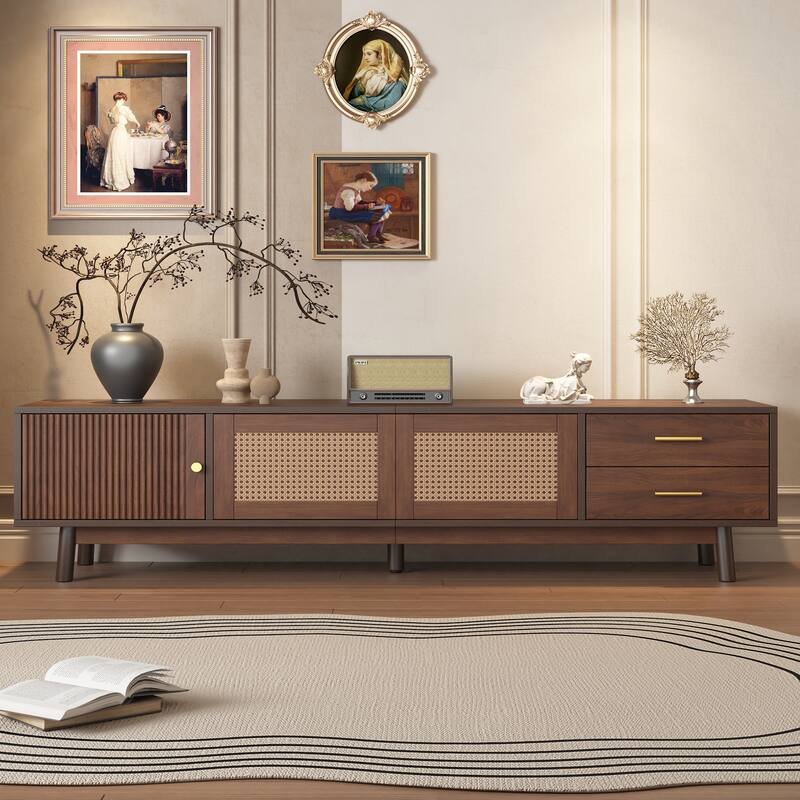 Mid Century Modern Solid Wood TV Stand for 80" TVs,TV Console with Sliding Doors and Drawers
