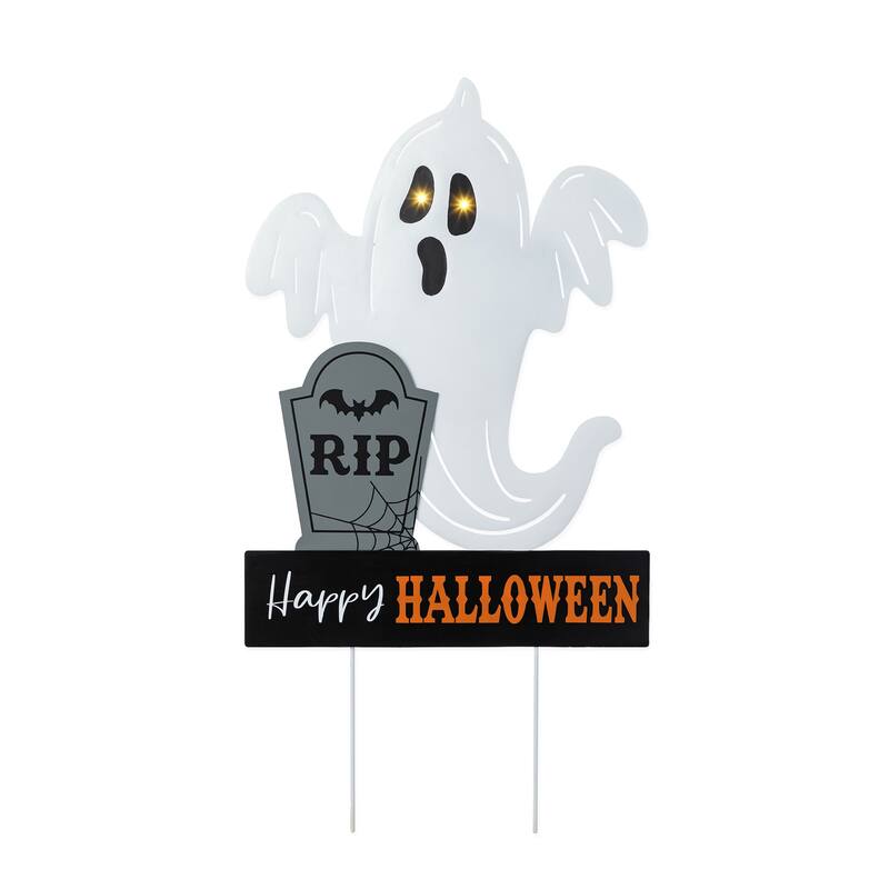 Glitzhome Halloween LED Ghost Cat Pumpkin Nutcracker Yard Stakes Standing Sign Hanging Decor - LED Ghost (2 Functions)