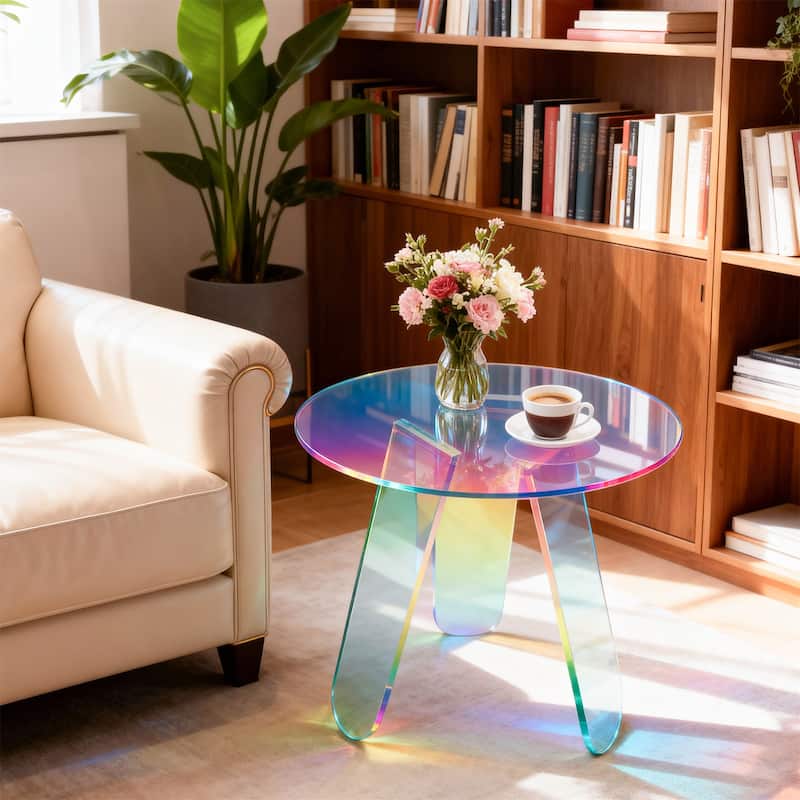 Acrylic Coffee Side Table Round Iridescent Rainbow End Table with PVC Table Cover - Clear