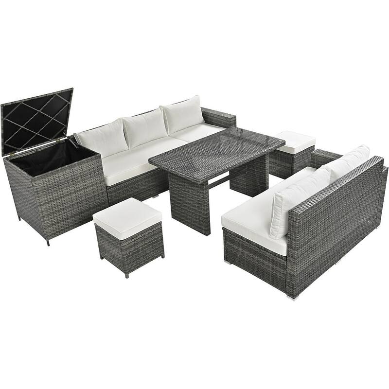 6-Piece PE Rattan Patio Sofa Set with Storage & Adjustable Seats