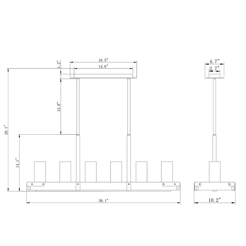 Rudi Forged Black+Imitation Wood Grain 6-Light Linear Chandelier with Clear Glass Cylinder Shades