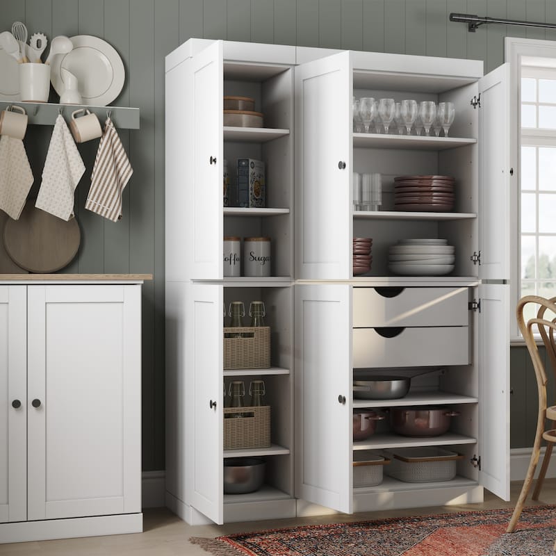 Palace Imports 100% Solid Wood 48.5" Pantry Cabinet with Shaker Doors, 2-Drawers and Adjustable Shelves - White