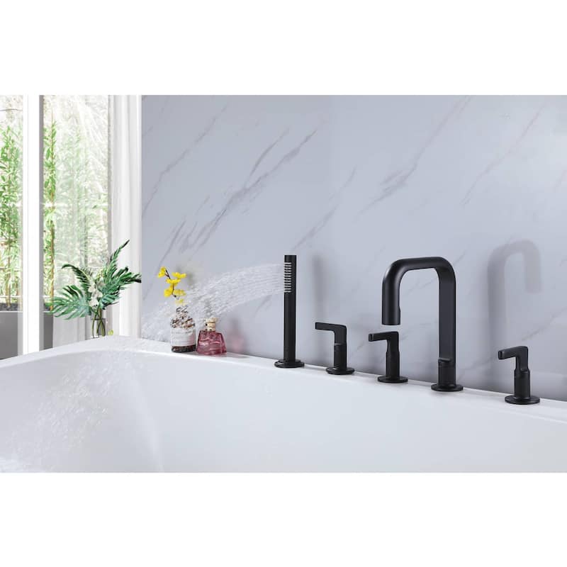 Deck Mounted Bathtub Faucet With Hand Shower Triple Handles 5-Hole Roman Bathroom Tub Filler Modern Bath Faucet Set