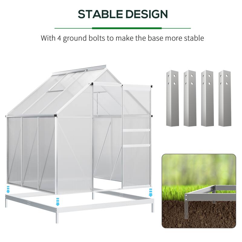 Outsunny Aluminum Greenhouse Polycarbonate Walk-in Garden Greenhouse Kit with Adjustable Roof Vent, Rain Gutter and Sliding Door