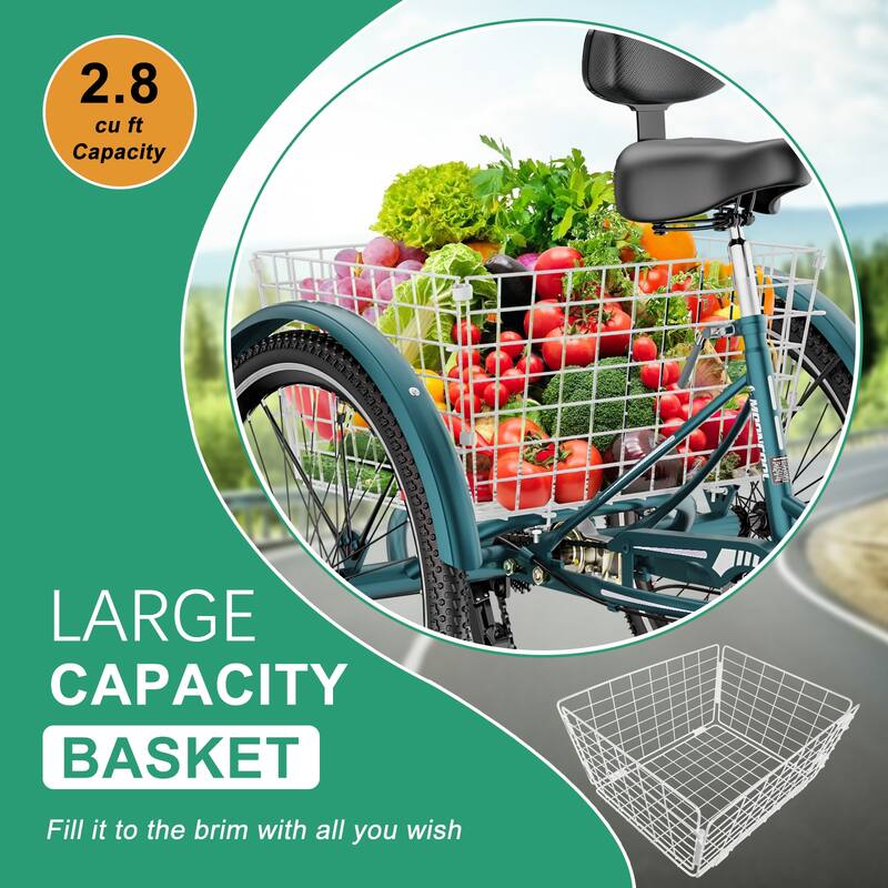 DoCred 24" Adult 7-Speed Tricycle, 3 Wheel Bike with Large Basket