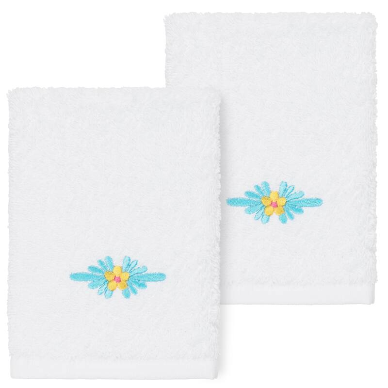Authentic Hotel and Spa 100% Turkish Cotton Feliz 2PC Embellished Washcloth Set - White