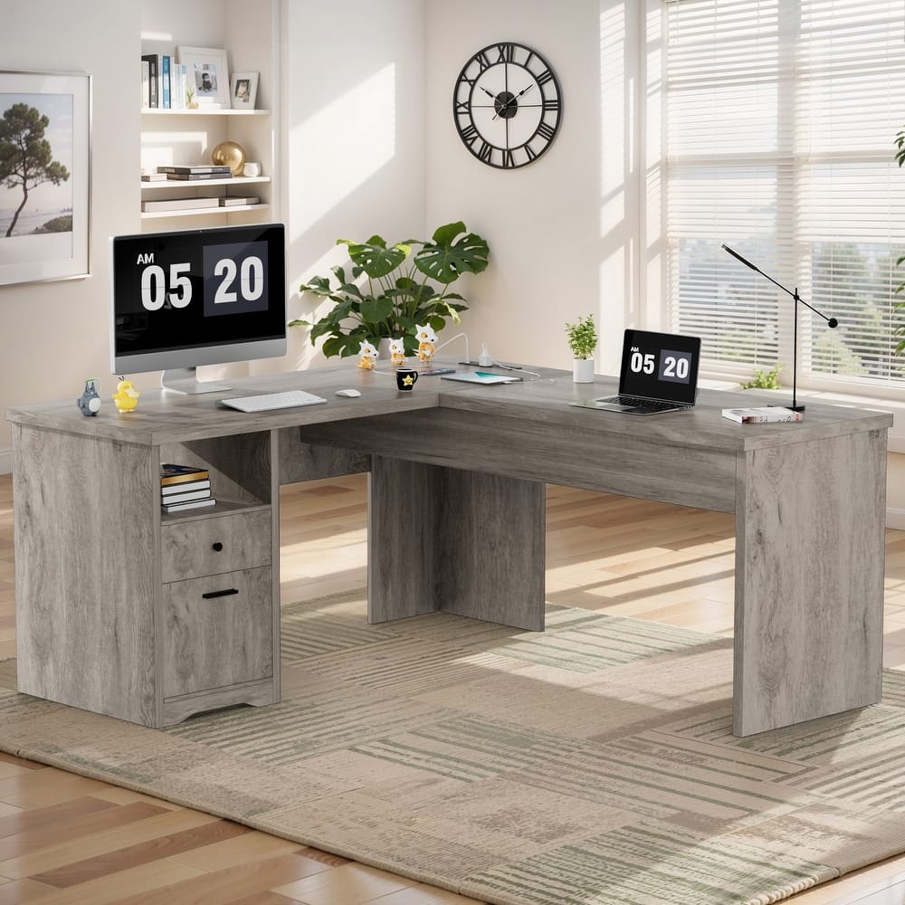 Modern Farmhouse Lift Top L-Shaped Desk with Charge Station, Corner Desk with File Drawers for Home Office
