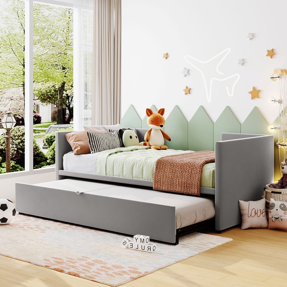 Twin to King Extendable Daybed Sofa Bed, Velvet Upholstered Platform Bed, Wood Panel Bed Frame with Pop Up Trundle Bed