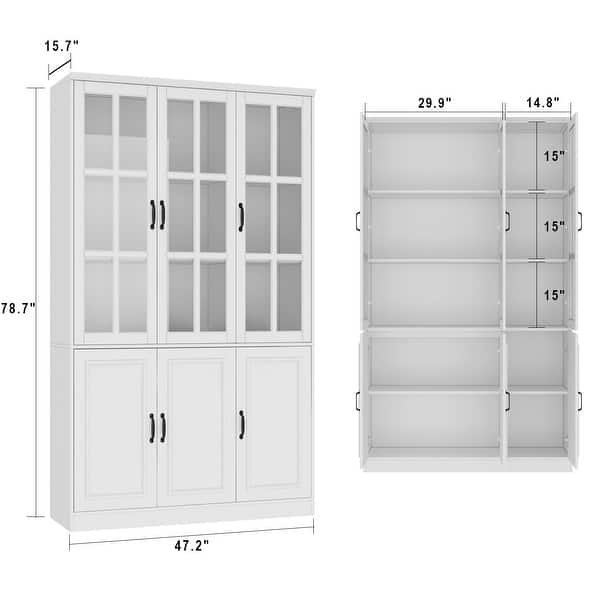 dimension image slide 6 of 9, White Buffet Sideboard & Curio Bookcase Cabinet with Glass Doors