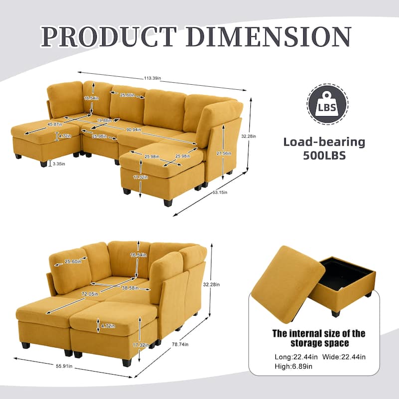 HOMEFUN 6-Seat Polyester Upholstered U-Shaped Modular Storage Sleeper Sectional Sofa with Storage Ottoman