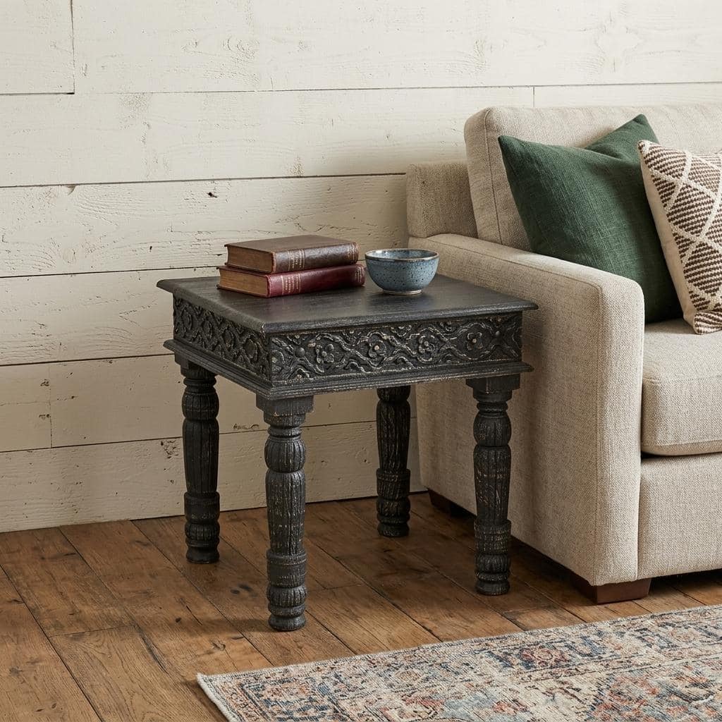 HomeRoots 24" Black Distressed Solid Wood End Table - 24.00 in. x 24.00 in. x 22.00 in.