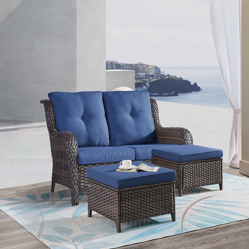 Gymojoy 3-Piece Outdoor Wicker Patio Furniture with Loveseat, Rattan Coversation Set with Water Resistant Thick Cushions - Brown Wicker / Blue Cusion - 3-Piece