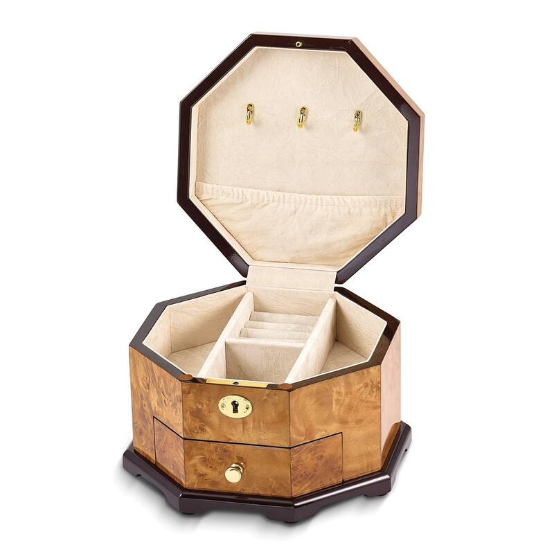 Curata High Gloss Rustic Burlwood Veneer W/Scrolled Inlay One Drawer Octagonal Locking Wooden Jewelry Box