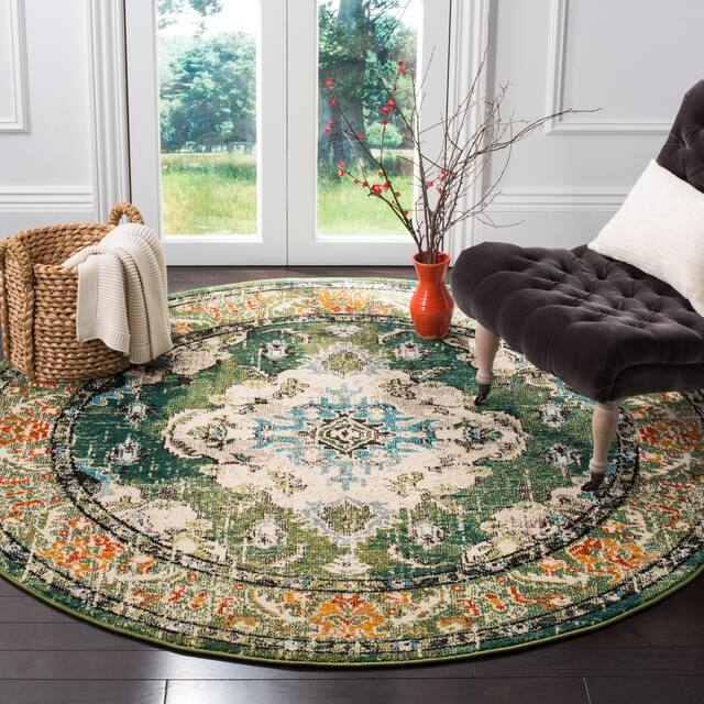 SAFAVIEH Monaco Lillie Boho Medallion Distressed Area Rug - 10' x 10' Round - Forest Green/Light Blue