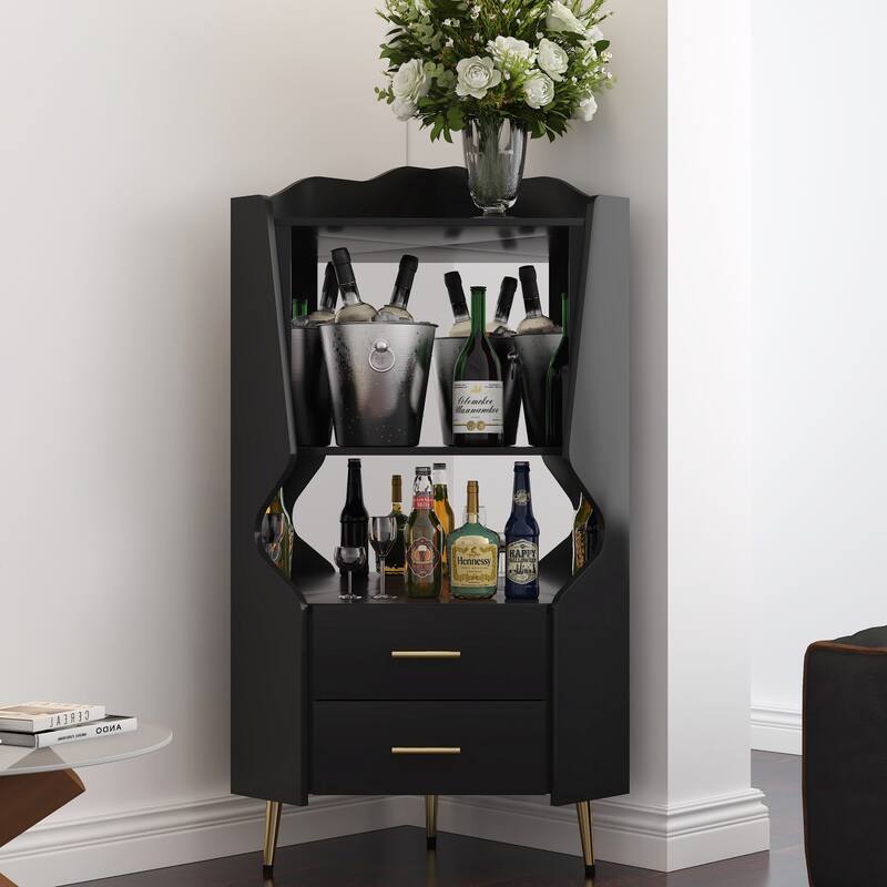 GDFStudio - Elowen Wood Corner Mirrored Back Sideboard with 2 Storage Shelves and 2 Drawers - Black