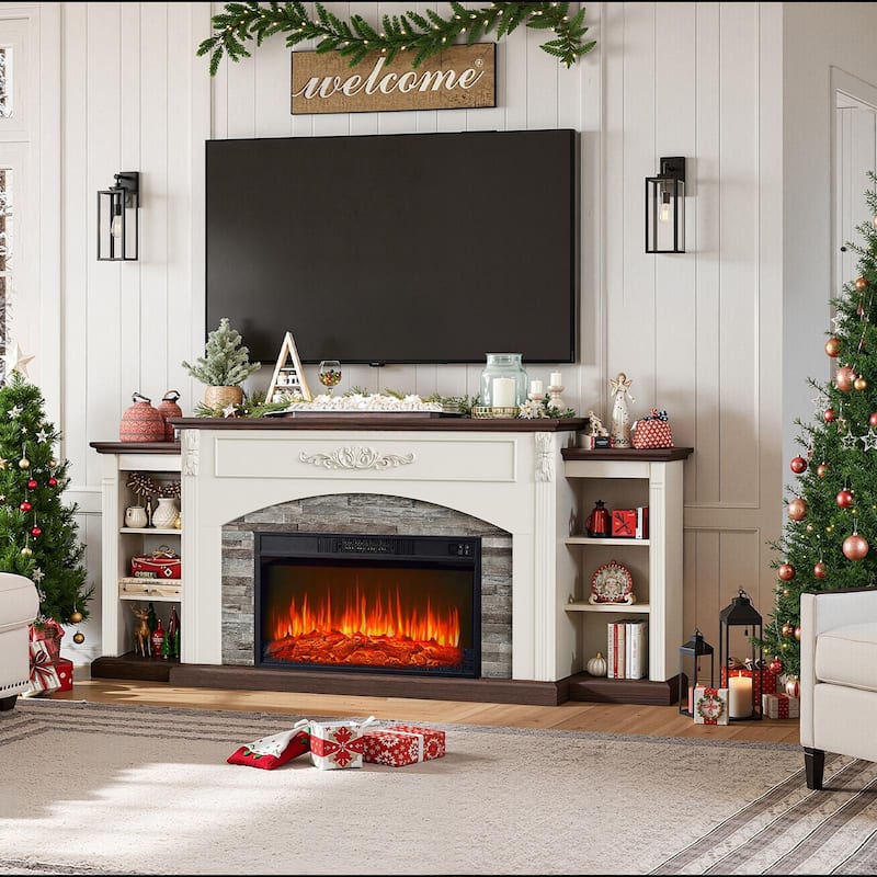 78 inch Electric Fireplace Mantel Fireplace TV Stand Entertainment Center with 30 inch Fireplace Insert Heater and Storage