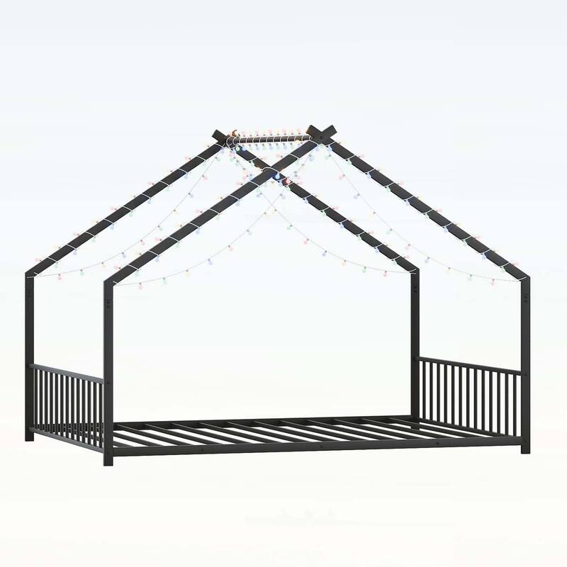 Platform Bed with LED light strips,roof-shaped iron frame,and low profile design for safety and style