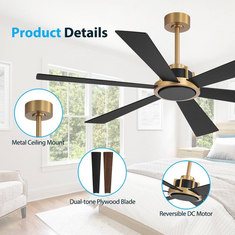 MLiAN Ceiling Fan 60inch Playwood Blades Remote Control 6-Speed DC - 60''